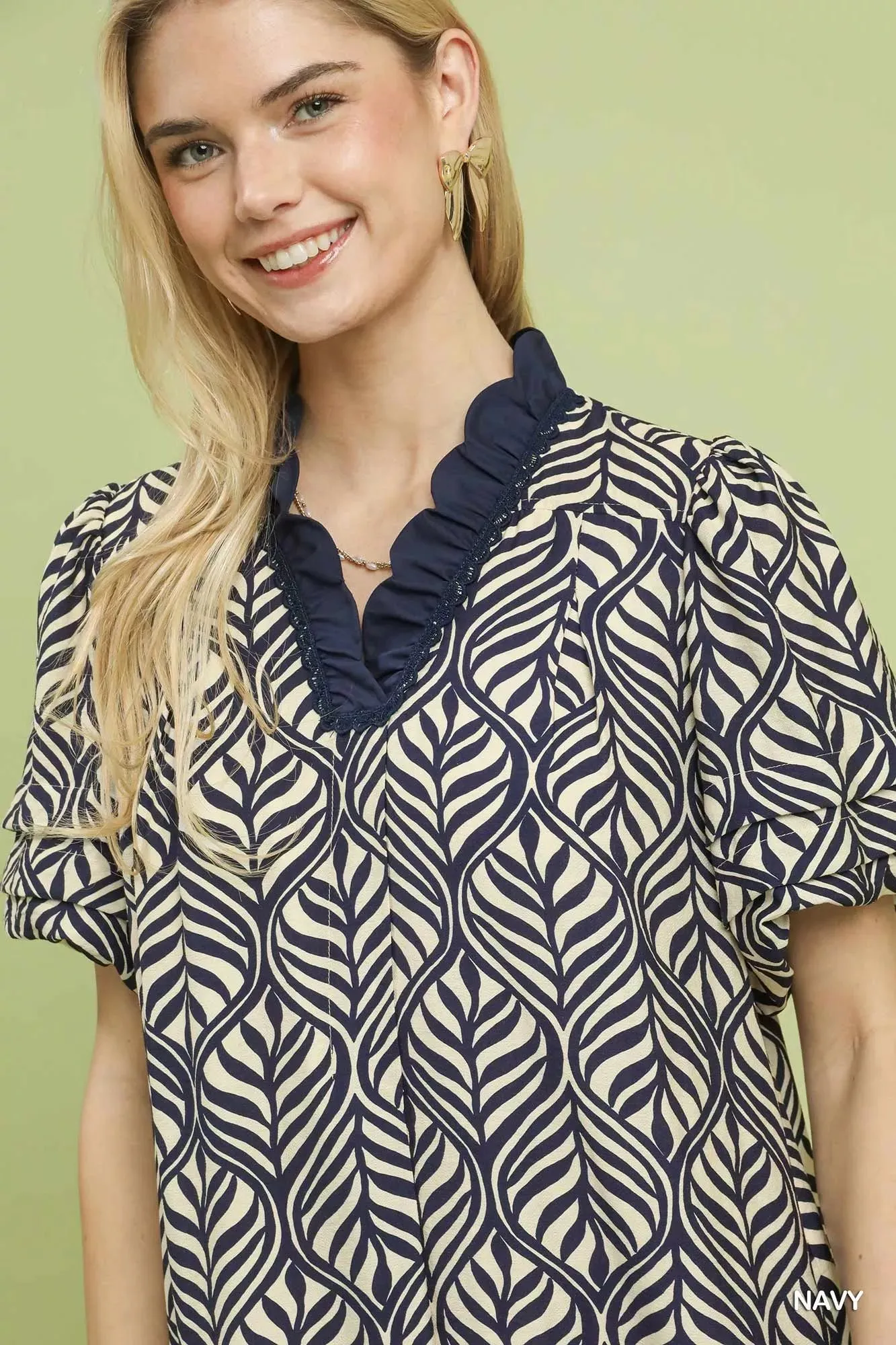 Umgee Leaf Print Ruffle Neck Midi Dress sold by Charming Charlie product image thumbnail 4