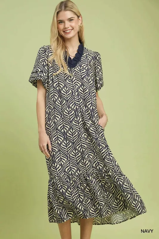 Umgee Leaf Print Ruffle Neck Midi Dress sold by Charming Charlie