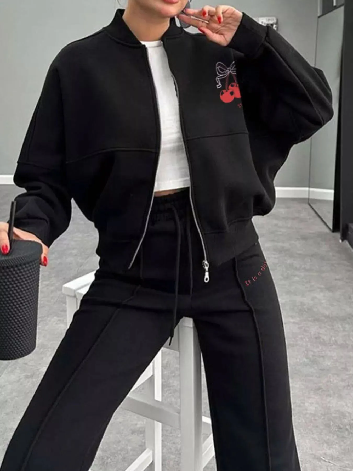 Zip Up Dropped Shoulder Outerwear and Pants Set sold by Charming Charlie product image thumbnail 4