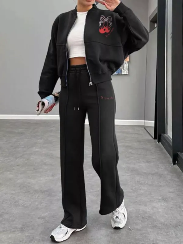 Zip Up Dropped Shoulder Outerwear and Pants Set made by Trendsi