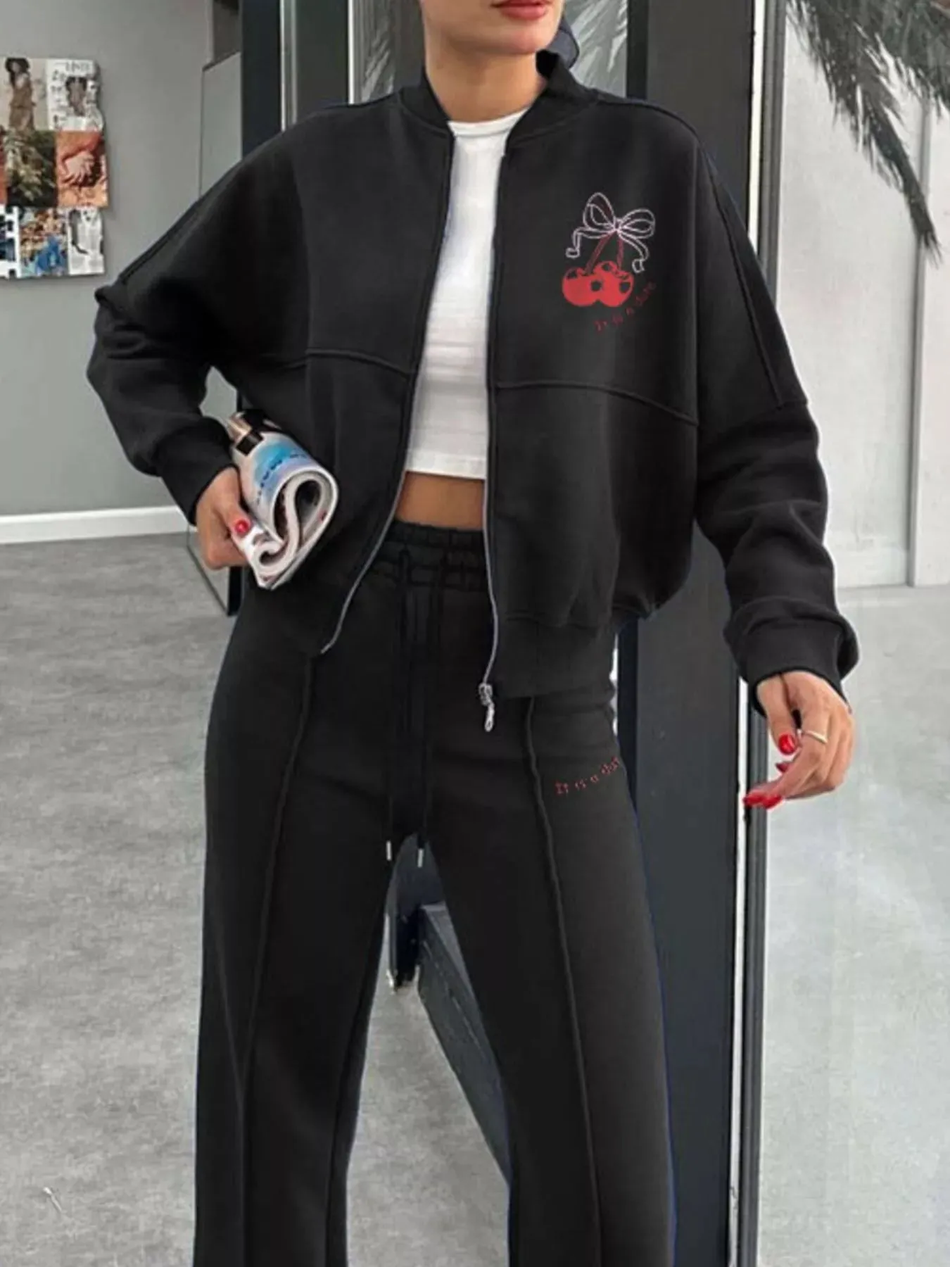 Zip Up Dropped Shoulder Outerwear and Pants Set sold by Charming Charlie product image thumbnail 2