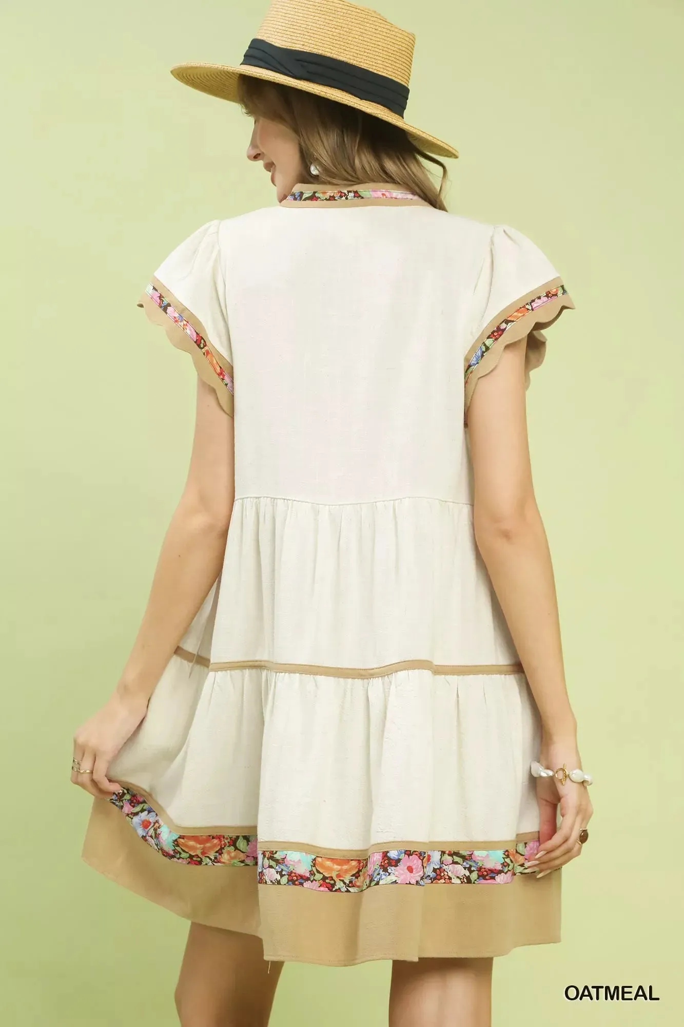 Umgee Linen Tiered Flutter Sleeve Dress with Floral Trim sold by Charming Charlie product image thumbnail 3