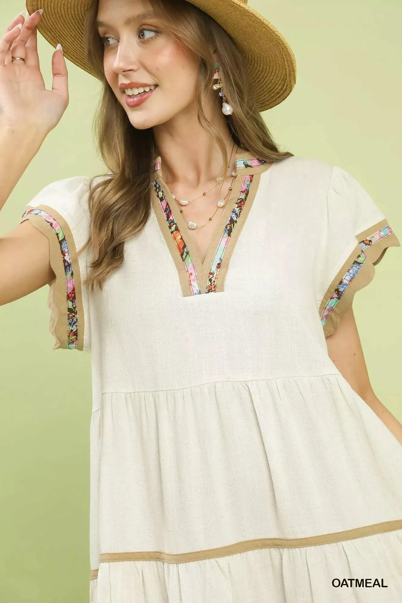Umgee Linen Tiered Flutter Sleeve Dress with Floral Trim sold by Charming Charlie product image thumbnail 4