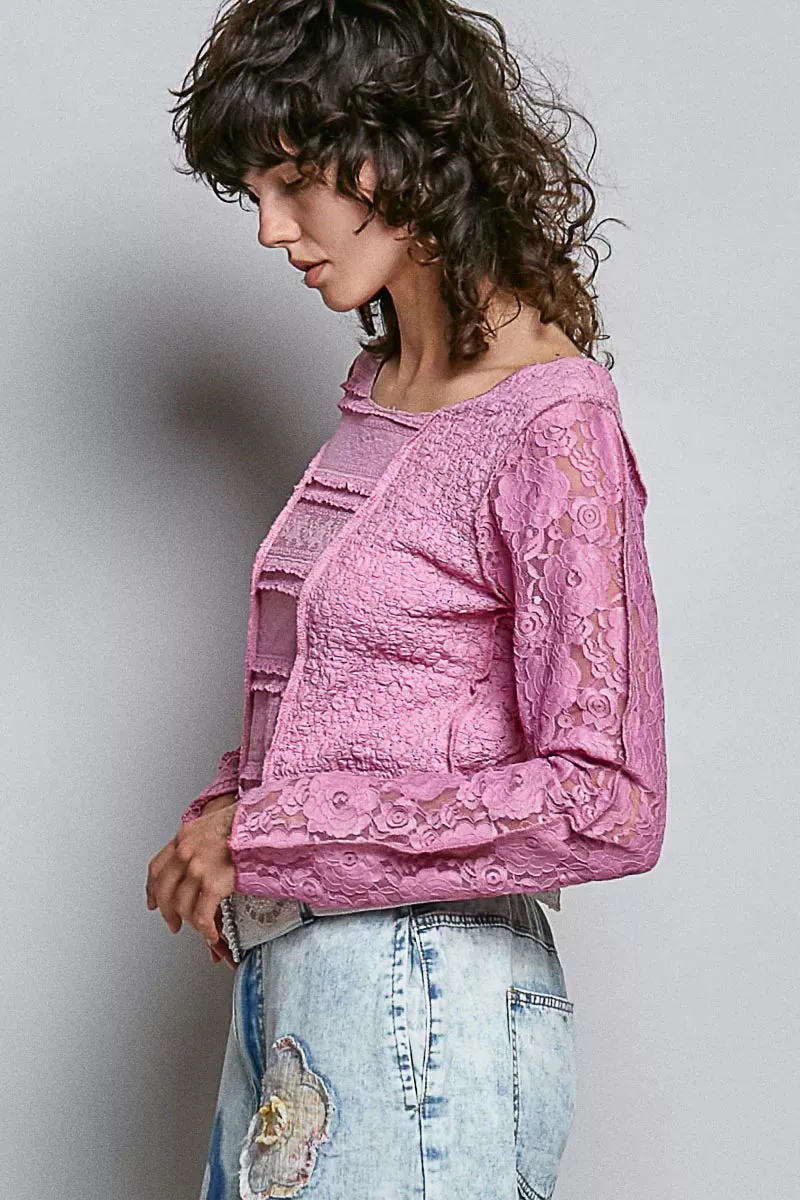 POL Round Neck Long Sleeve Exposed Seam Top with Lace Detail sold by Charming Charlie product image thumbnail 3