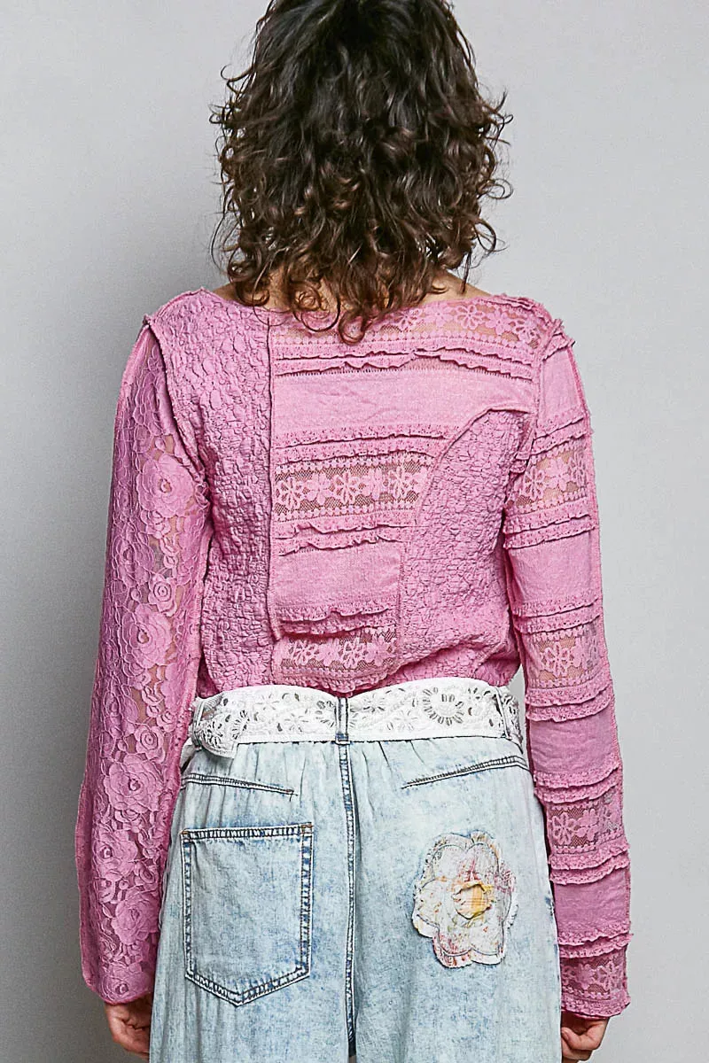 POL Round Neck Long Sleeve Exposed Seam Top with Lace Detail sold by Charming Charlie product image thumbnail 4