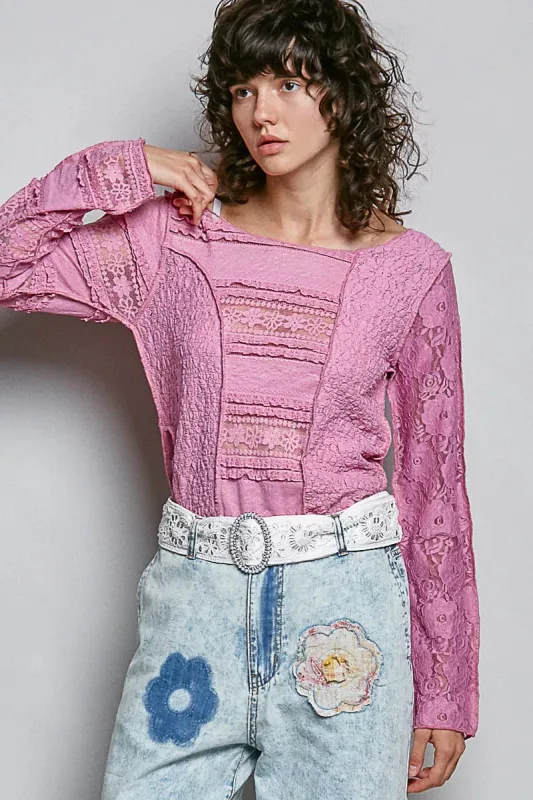 POL Round Neck Long Sleeve Exposed Seam Top with Lace Detail made by Charming Charlie