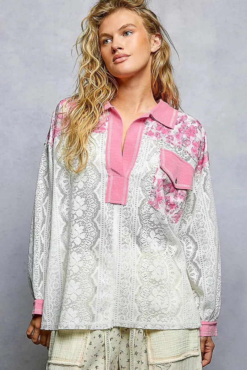 POL Floral Print Long Sleeve Lace Shirt with Front Pocket sold by Charming Charlie product image thumbnail 2
