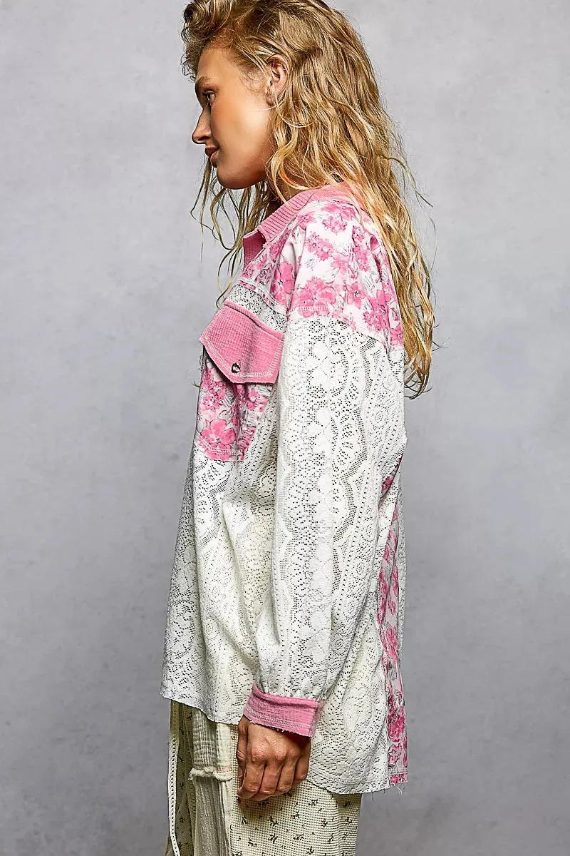 POL Floral Print Long Sleeve Lace Shirt with Front Pocket sold by Charming Charlie product image thumbnail 3