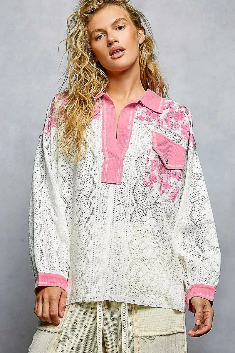 POL Floral Print Long Sleeve Lace Shirt with Front Pocket sold by Charming Charlie