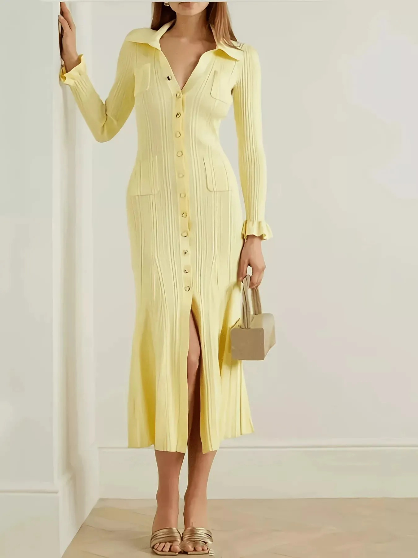 Button-Down Flounce Sleeve Sweater Dress sold by Charming Charlie