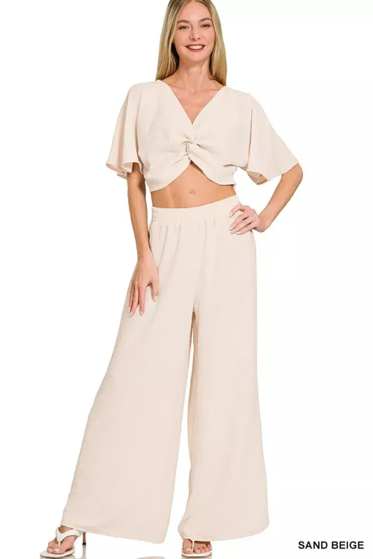 Zenana Woven Airflow Twisted Top & Wide Leg Pants Set made by Trendsi