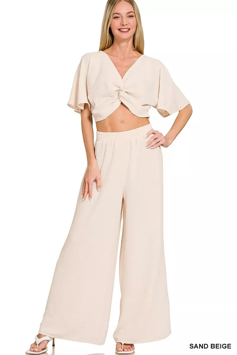 Zenana Woven Airflow Twisted Top & Wide Leg Pants Set sold by Charming Charlie