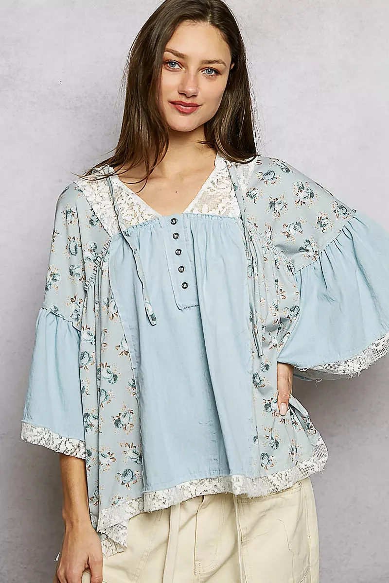 POL Double Gauze Floral Patch Blouse with Lace Detail sold by Charming Charlie