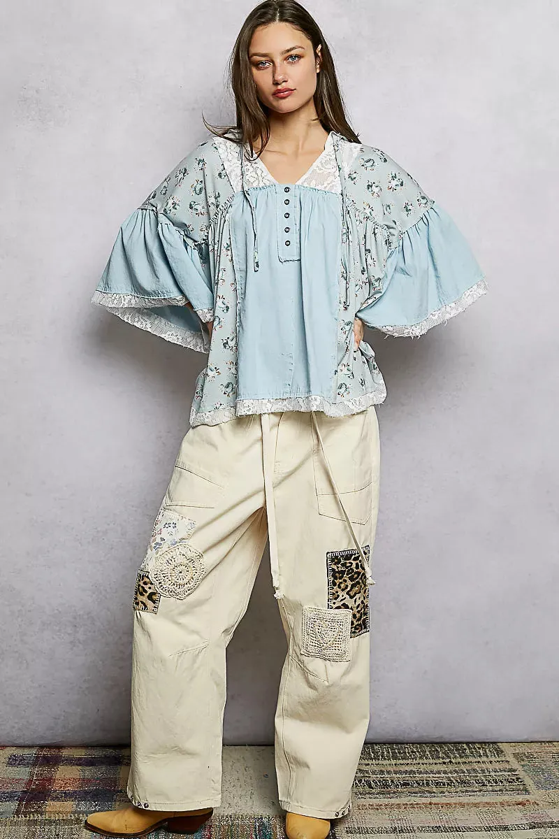 POL Double Gauze Floral Patch Blouse with Lace Detail sold by Charming Charlie product image thumbnail 5