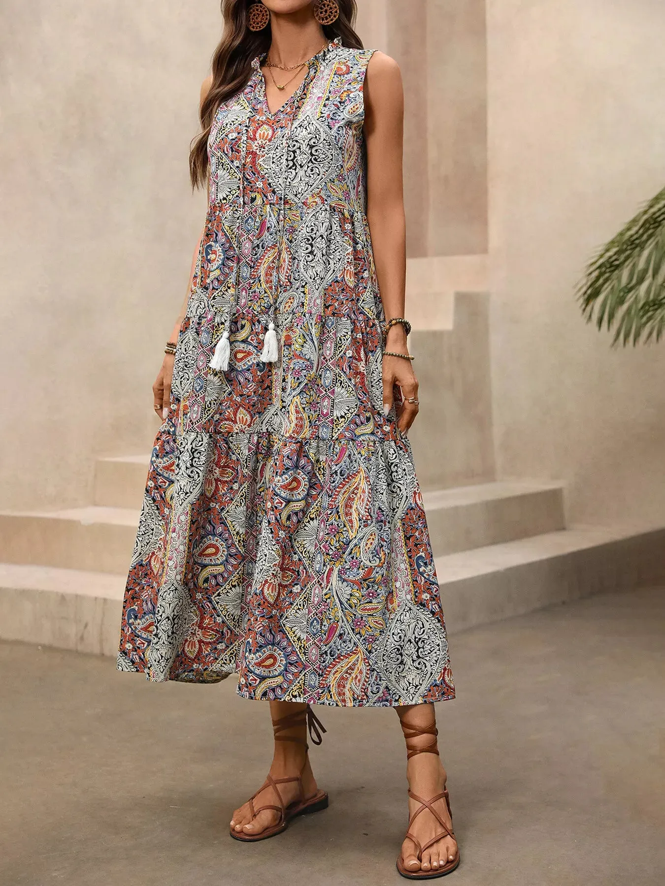 Paisley Print Tie Neck Sleeveless Midi Dress sold by Charming Charlie product image thumbnail 2