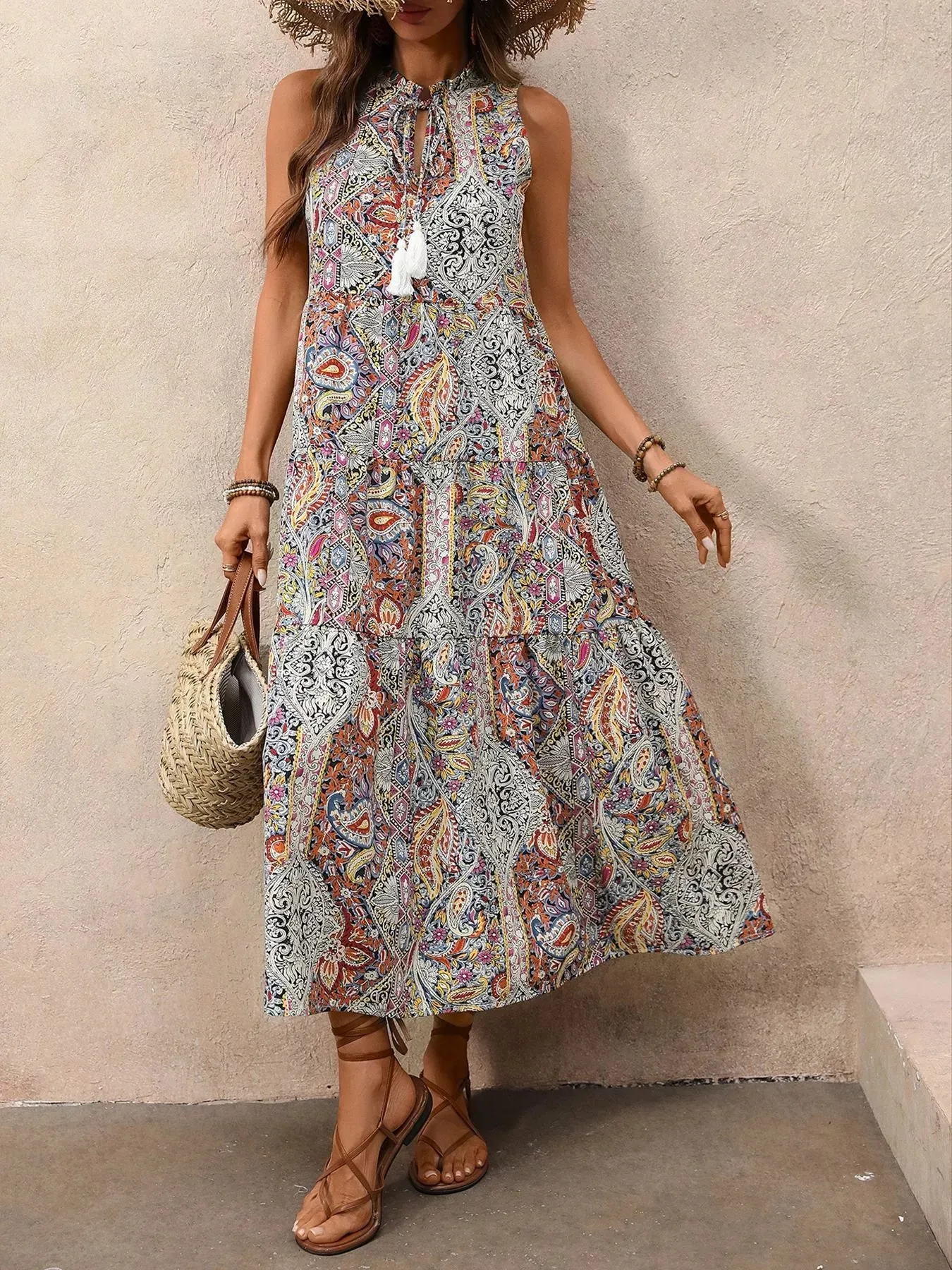 Paisley Print Tie Neck Sleeveless Midi Dress sold by Charming Charlie product image thumbnail 5