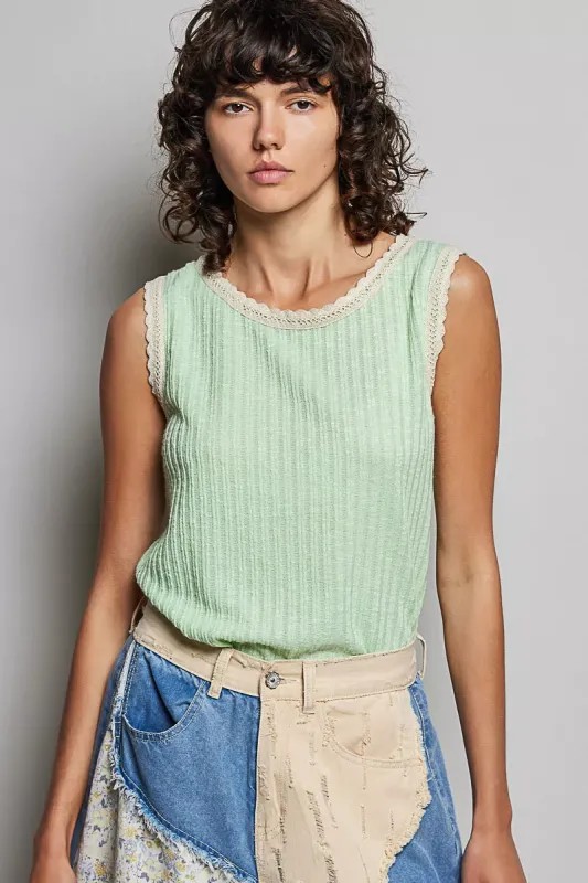 POL Ribbed Round Neck Tank with Lace Trim sold by Charming Charlie