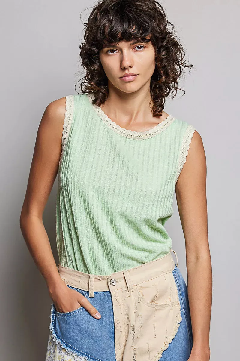 POL Ribbed Round Neck Tank with Lace Trim sold by Charming Charlie product image thumbnail 2