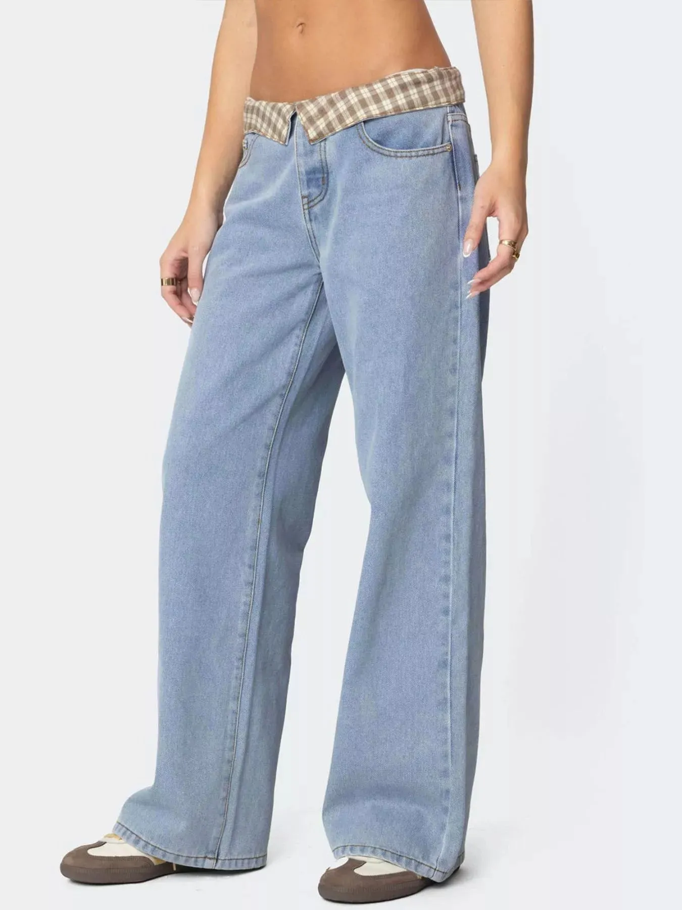 Plaid Trim Wide Leg Jeans sold by Charming Charlie product image thumbnail 3