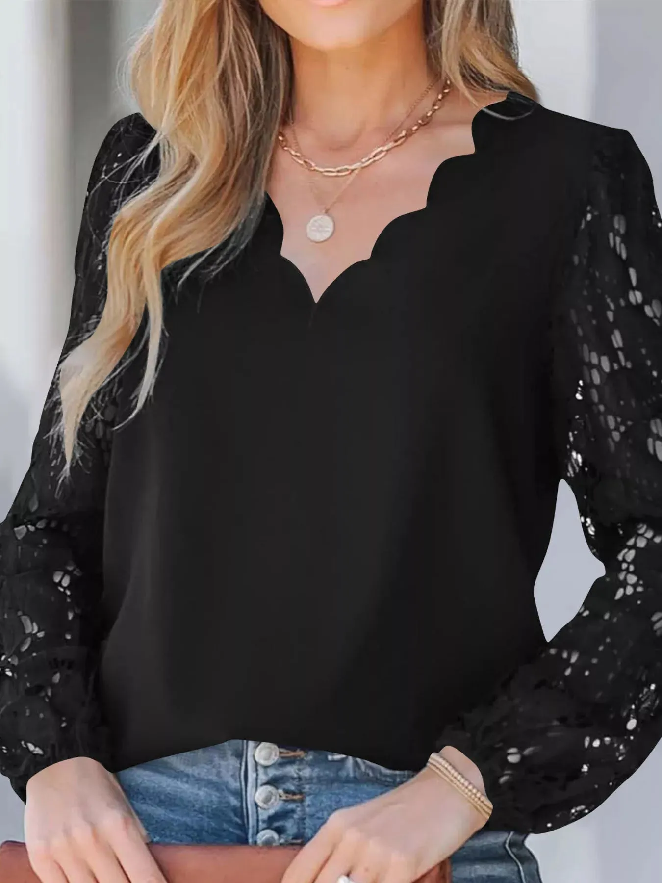 Scalloped Neckline Lace Sleeve Blouse sold by Charming Charlie product image thumbnail 5