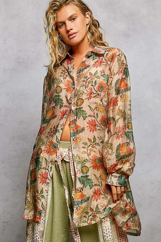 POL Metal Button Down Floral Long Sleeve Shirt sold by Charming Charlie