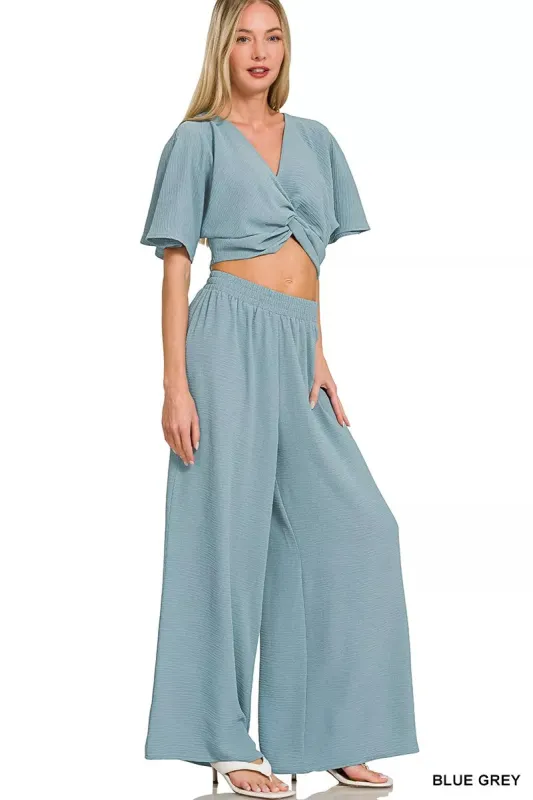 Zenana Woven Airflow Twisted Top & Wide Leg Pants Set made by Trendsi