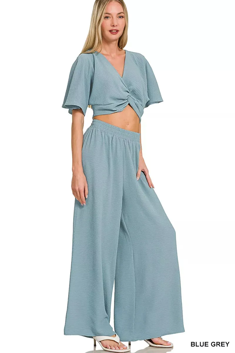 Zenana Woven Airflow Twisted Top & Wide Leg Pants Set sold by Charming Charlie