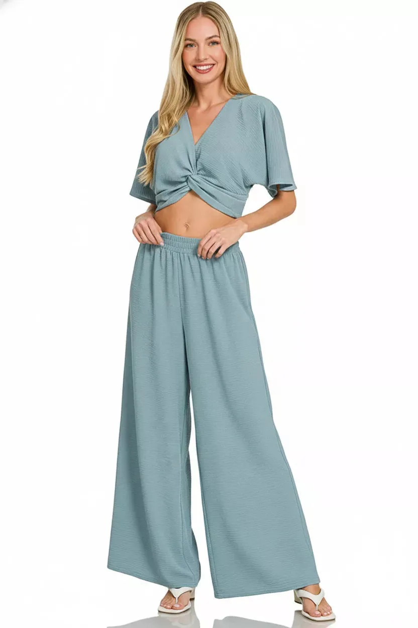 Zenana Woven Airflow Twisted Top & Wide Leg Pants Set sold by Charming Charlie product image thumbnail 2