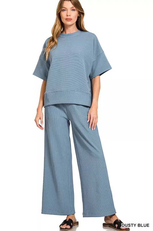 Zenana Ribbed Round Neck Tee & Pants Set made by Trendsi