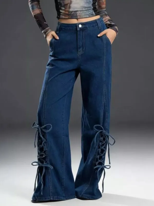 Lace-Up Wide Leg Jeans sold by Charming Charlie