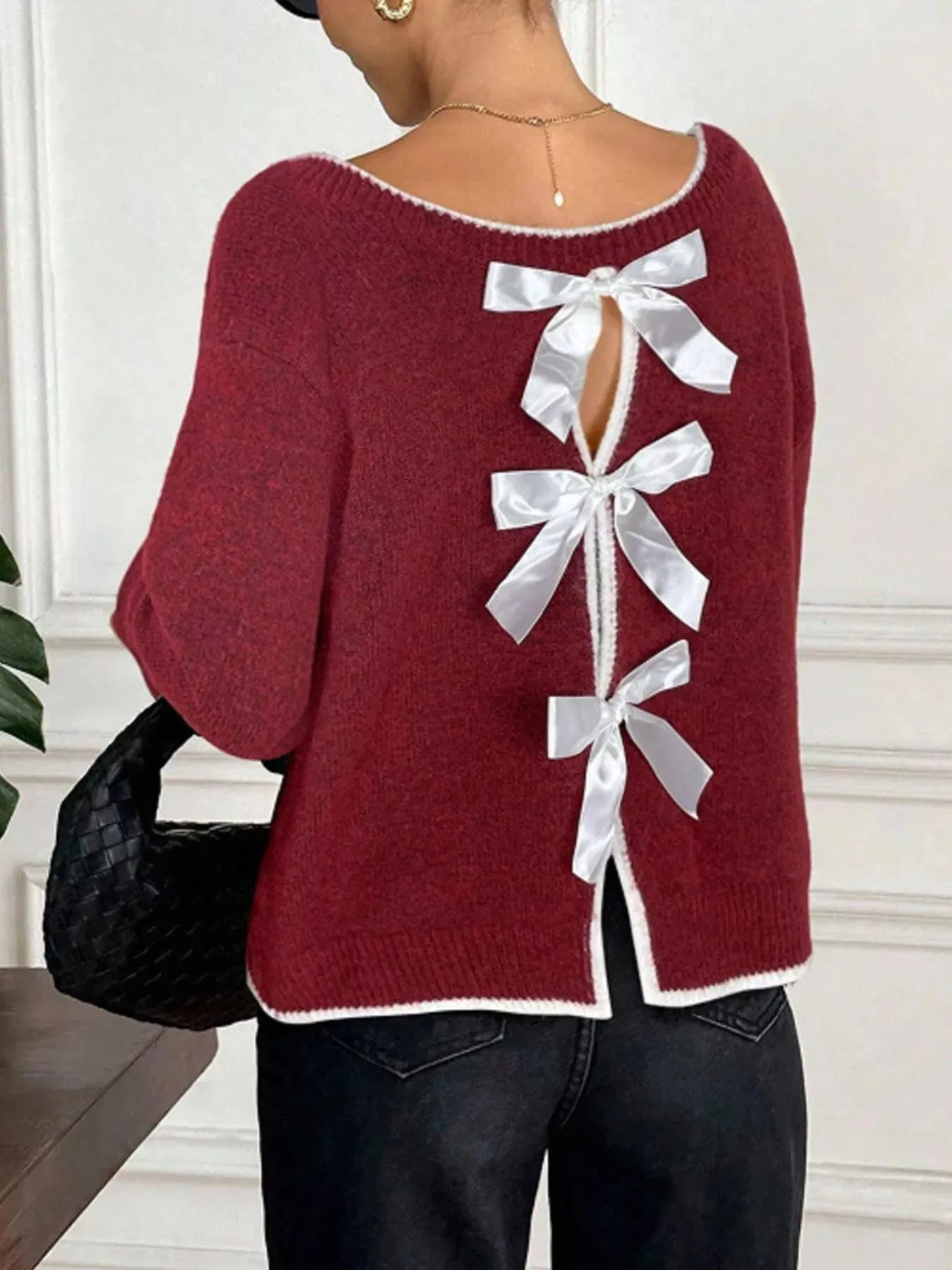 Back Bowknot Decor Round Neck Sweater sold by Charming Charlie product image thumbnail 3