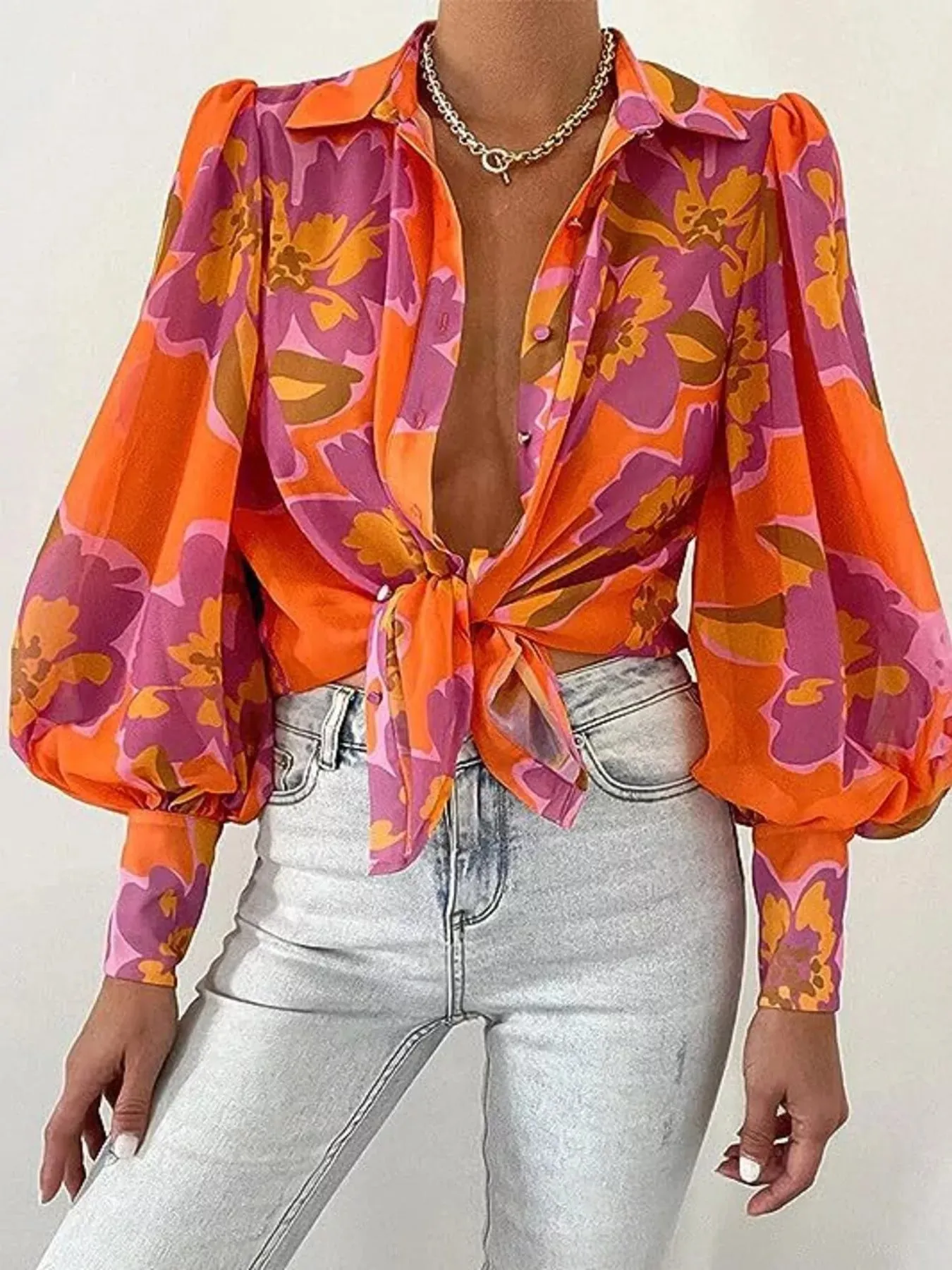 Printed Lantern Sleeve Shirt sold by Charming Charlie