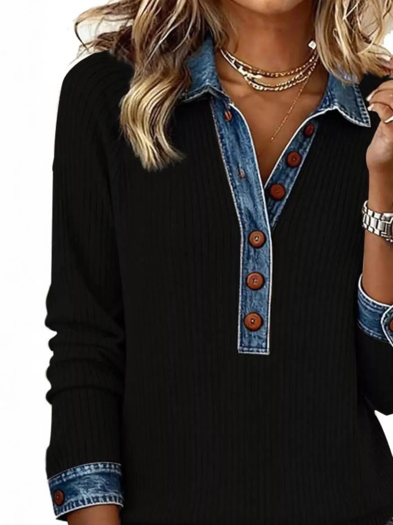 Full Size Denim Trim Button Front Ribbed Knit Top Plus Size sold by Charming Charlie product image thumbnail 2