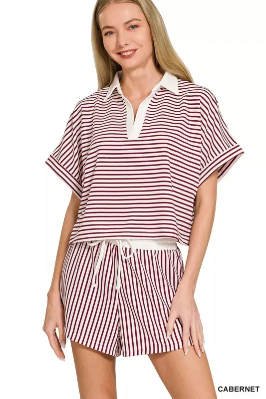 Zenana Striped Collared Top & Shorts Set sold by Charming Charlie