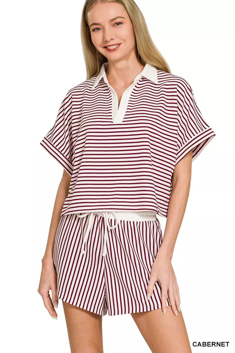 Zenana Striped Collared Top & Shorts Set sold by Charming Charlie