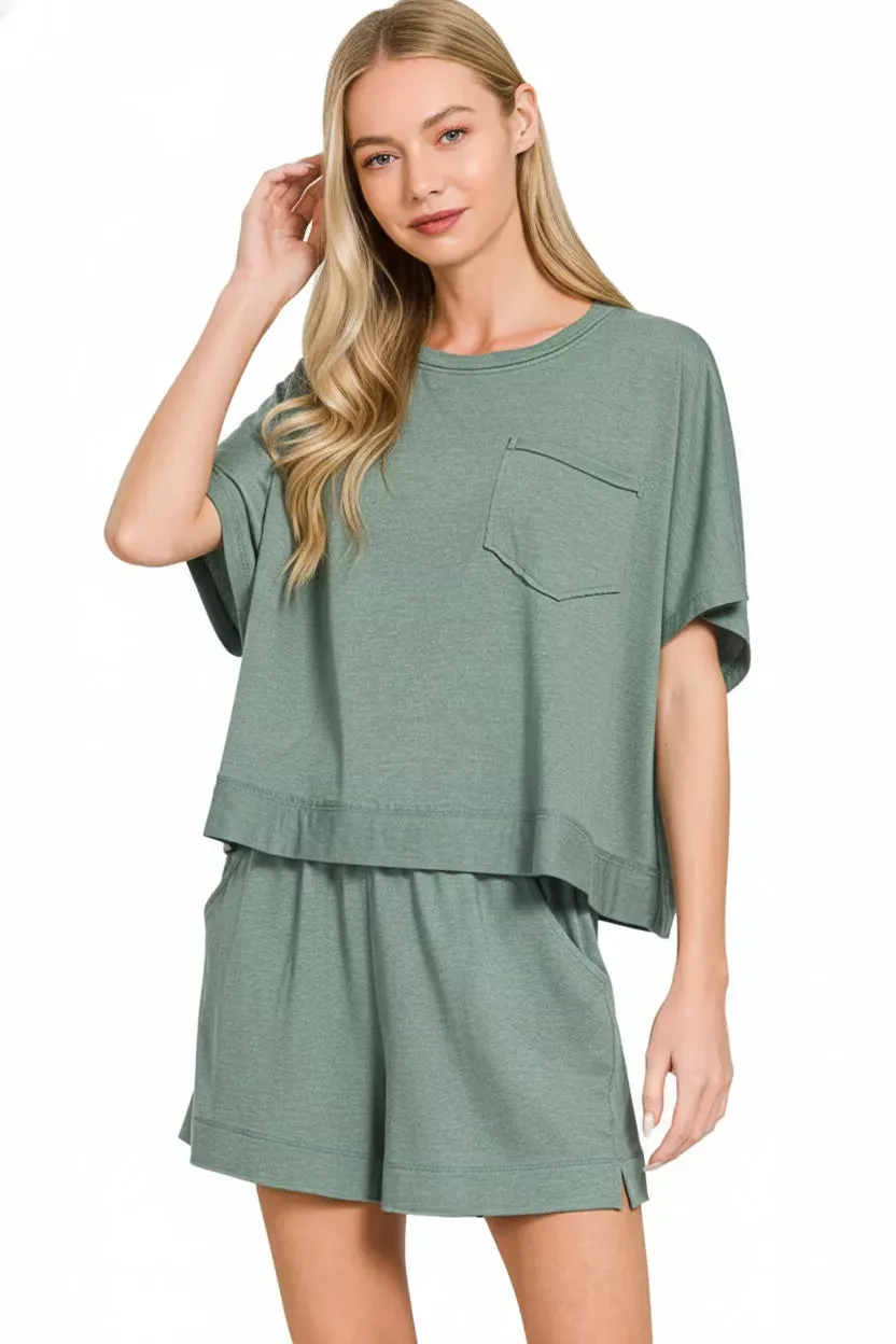 Zenana Exposed Seam Boxy Top & Shorts Set sold by Charming Charlie product image thumbnail 3