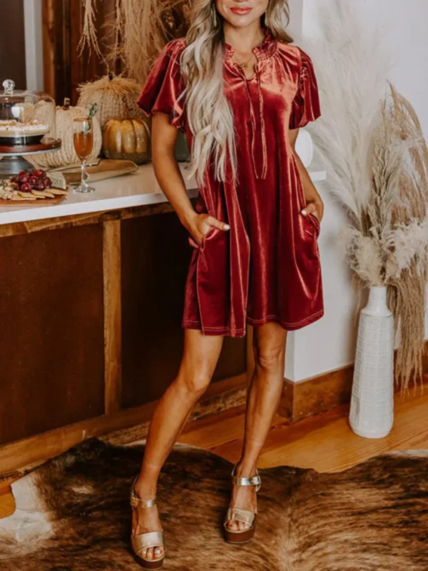 Tie Neck Puff Sleeve Velvet Dress sold by Charming Charlie