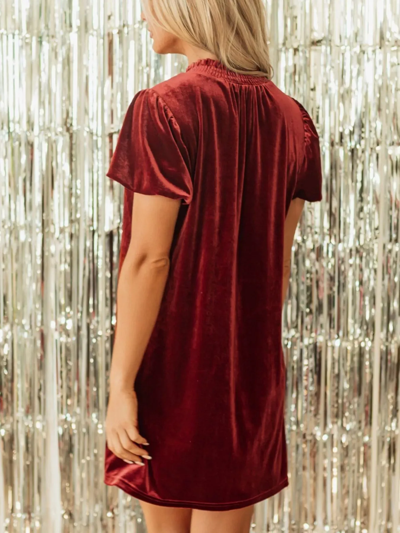 Tie Neck Puff Sleeve Velvet Dress sold by Charming Charlie product image thumbnail 5