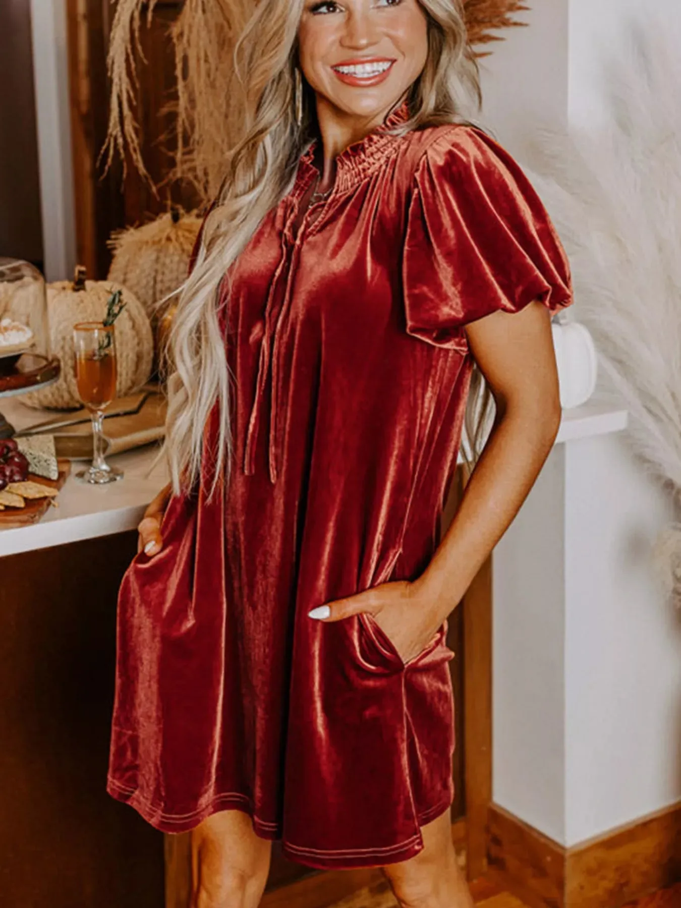 Tie Neck Puff Sleeve Velvet Dress sold by Charming Charlie product image thumbnail 2