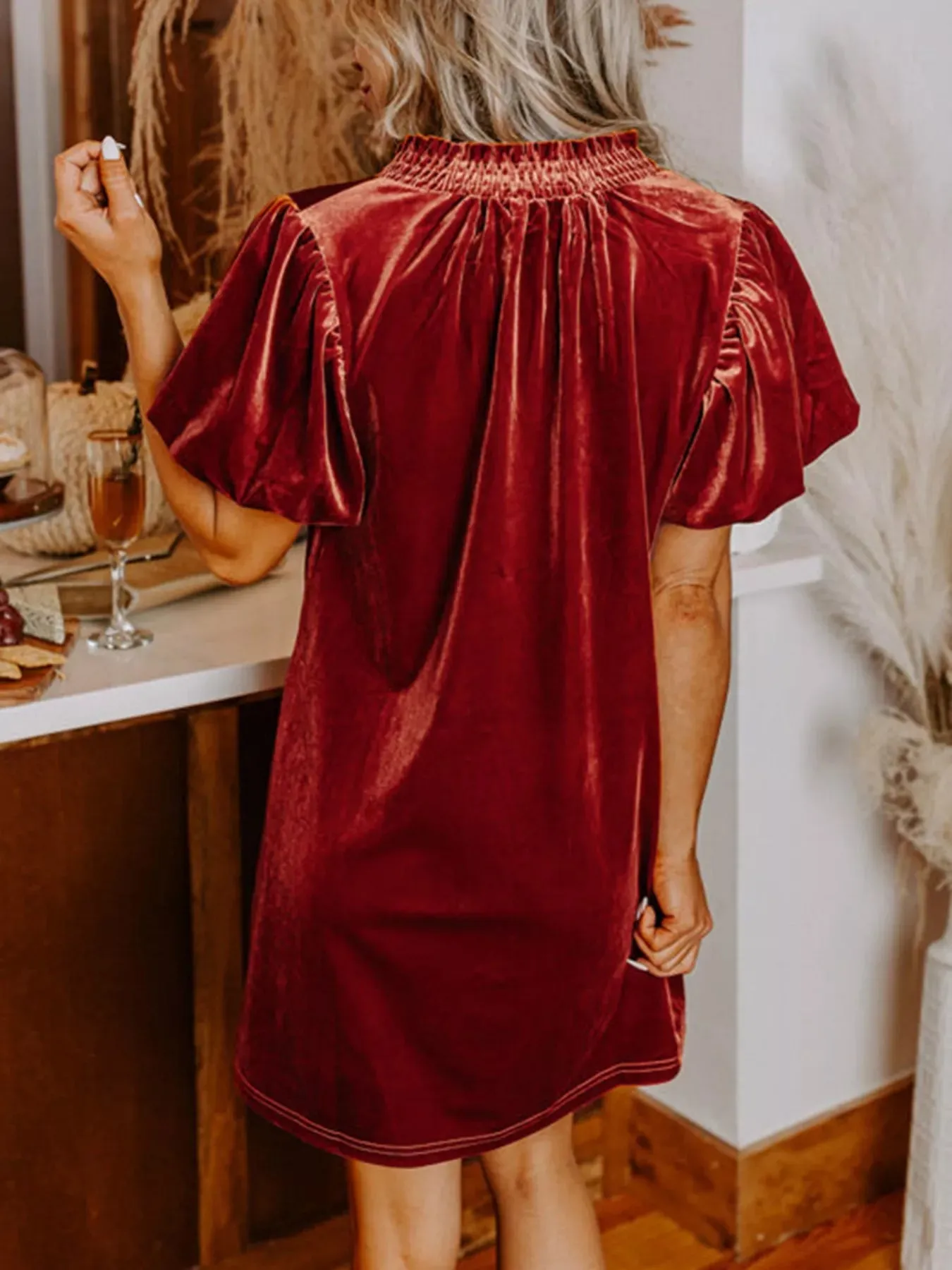 Tie Neck Puff Sleeve Velvet Dress sold by Charming Charlie product image thumbnail 3