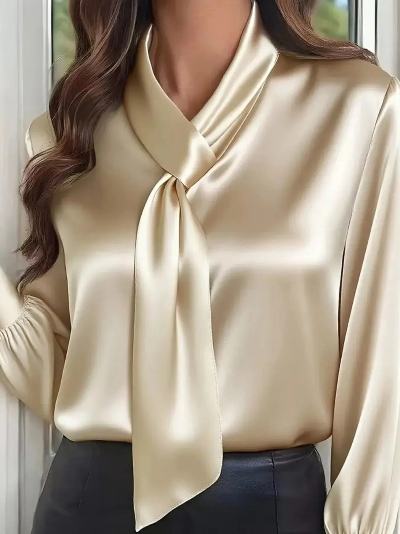 Satin Tie-Neck Long Sleeve Blouse sold by Charming Charlie product image thumbnail 2
