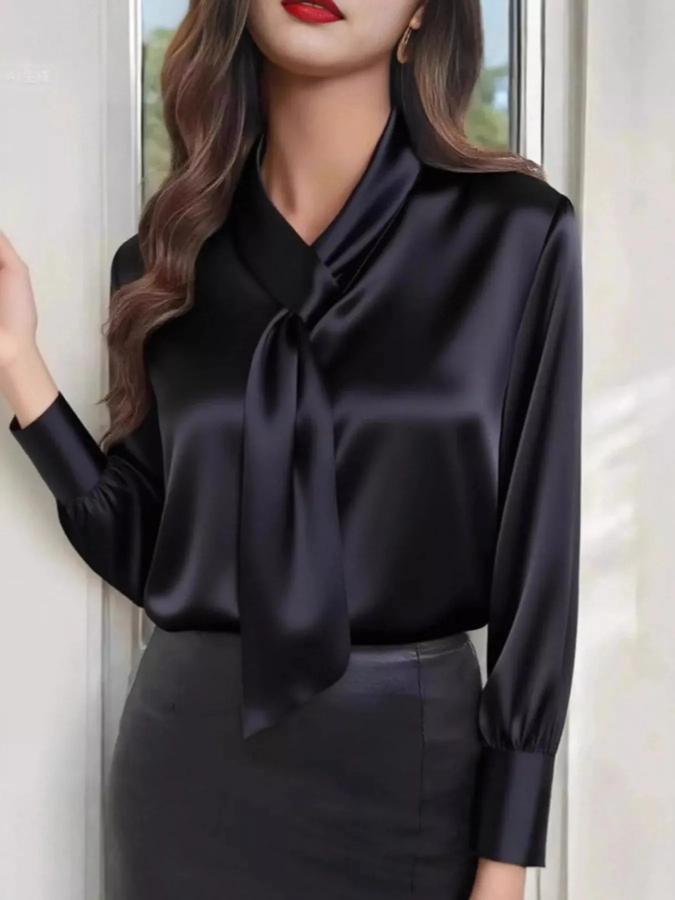 Satin Tie-Neck Long Sleeve Blouse sold by Charming Charlie product image thumbnail 3