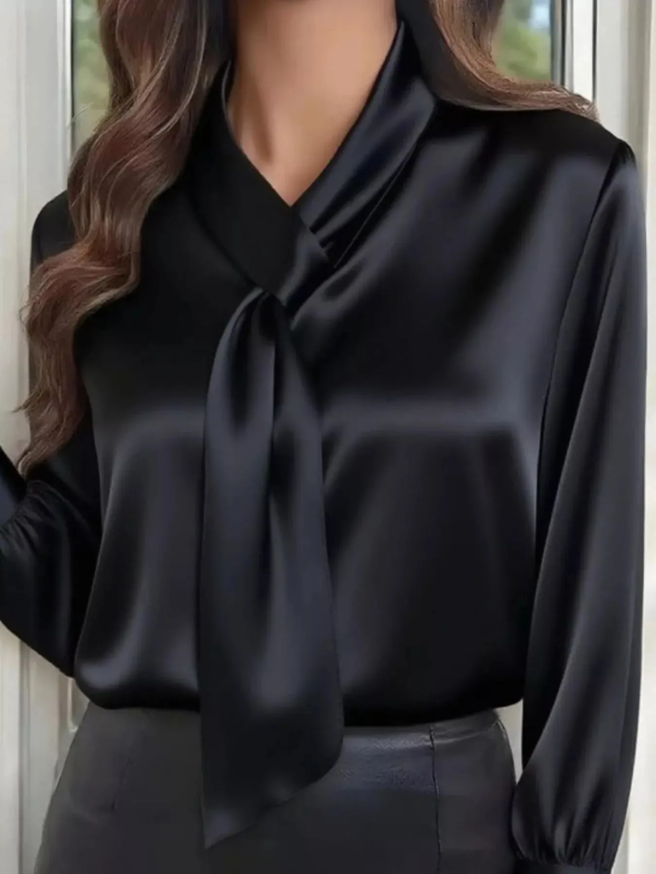 Satin Tie-Neck Long Sleeve Blouse sold by Charming Charlie product image thumbnail 4