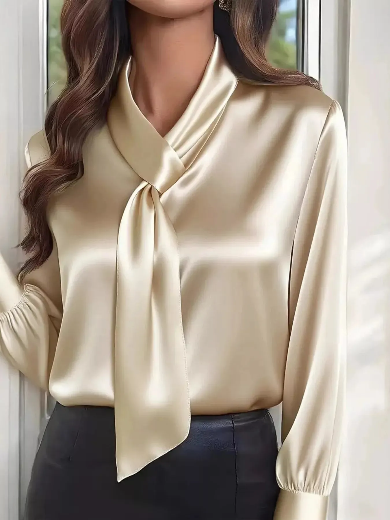 Satin Tie-Neck Long Sleeve Blouse sold by Charming Charlie