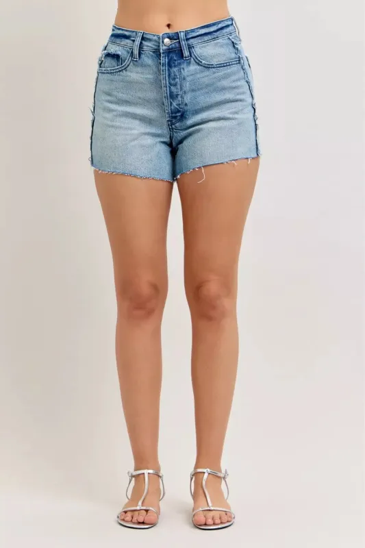 Judy Blue Hw Rigid Magic Cut Off Denim Shorts with Raw Side Seams sold by Charming Charlie