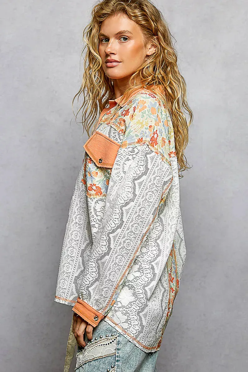 POL Floral Print Long Sleeve Lace Shirt with Front Pocket sold by Charming Charlie product image thumbnail 3