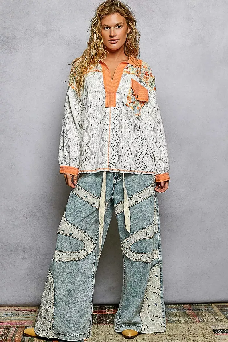 POL Floral Print Long Sleeve Lace Shirt with Front Pocket sold by Charming Charlie product image thumbnail 5