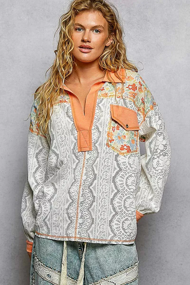 POL Floral Print Long Sleeve Lace Shirt with Front Pocket sold by Charming Charlie product image thumbnail 2
