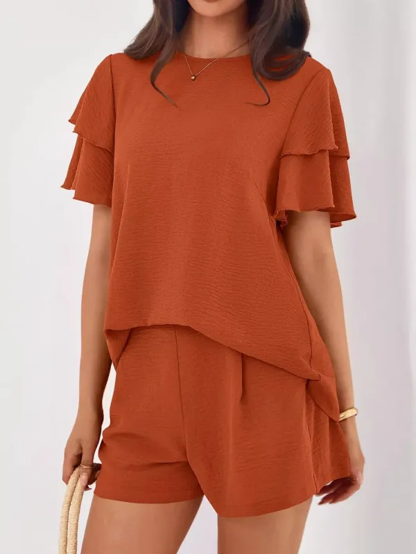 Ruffle Sleeve Top and Shorts Two-Piece Set sold by Charming Charlie