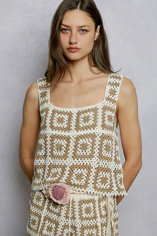 POL Openwork Square Neck Cropped Crochet Tank with Granny Square Weave made by Trendsi